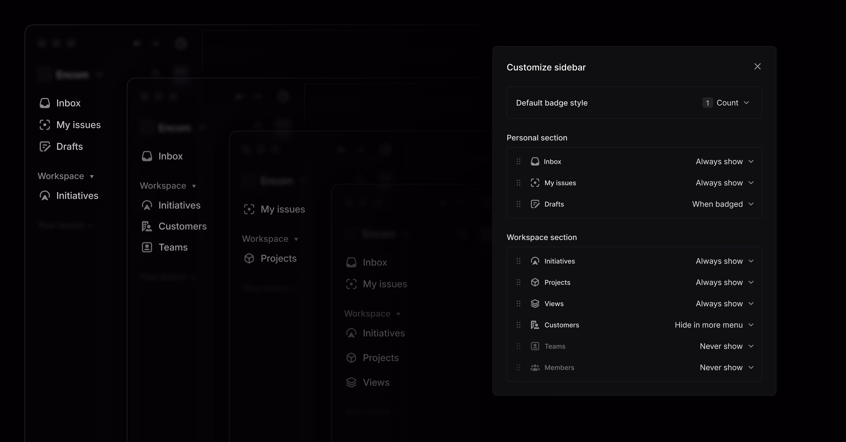 An image showing different versions of the customizable sidebar in the Linear app